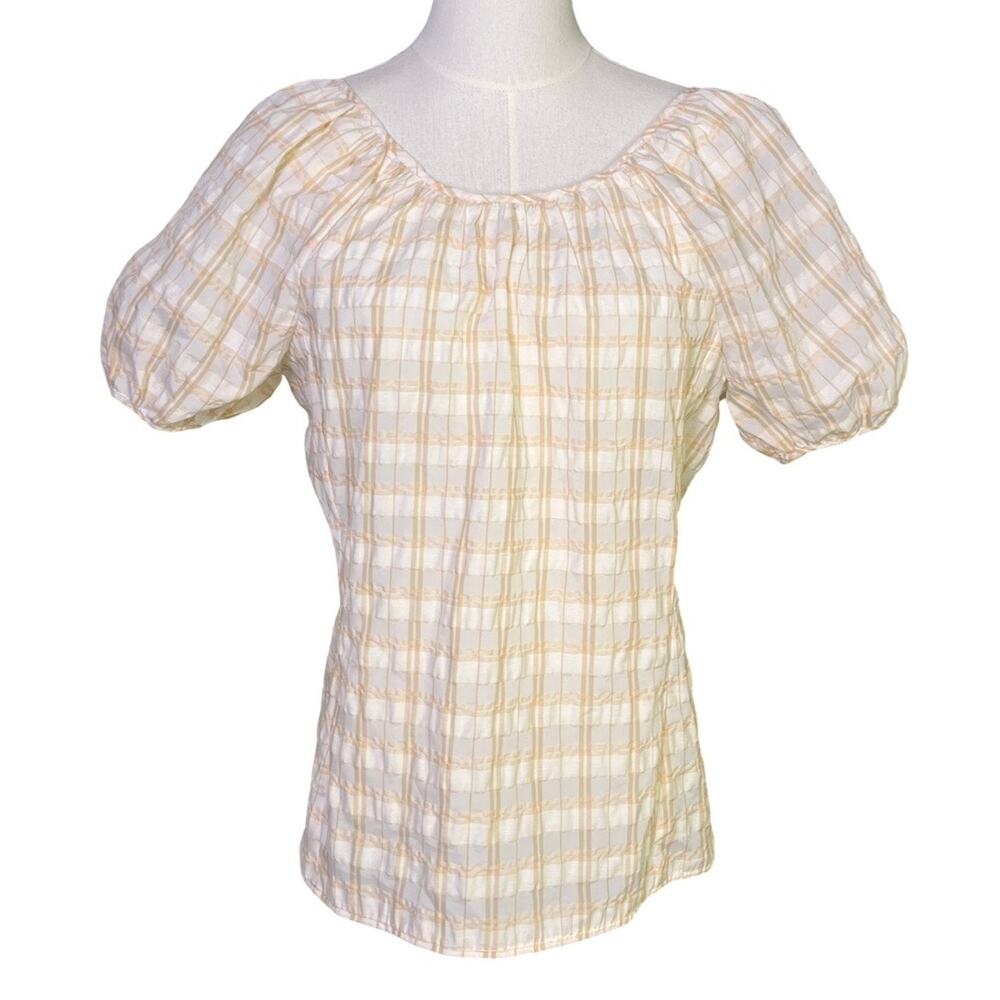 J.Crew Size 6 Beige Plaid Shimmer Puff Sleeve Blouse Square Neck Top